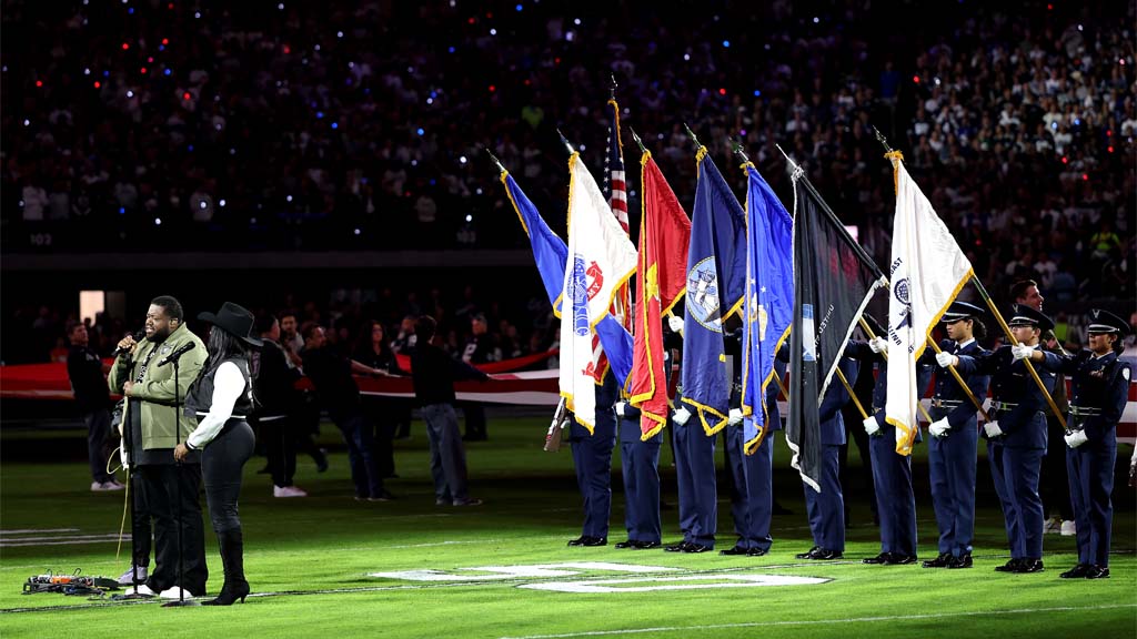 LAS VEGAS, NEVADA - NOVEMBER 17: The War and Treaty perform the national anthem before the game between the Las Vegas Raiders and the Dallas Cowboys at Allegiant Stadium on November 17, 2025 in Las Vegas, Nevada. (Photo by Christian Petersen/Getty Images)