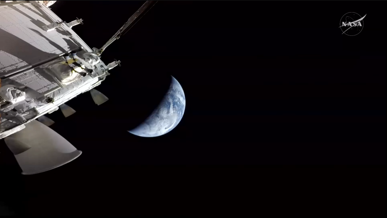 The butt of a spacecraft and rocket engine nozzle sits in the top left, with a gibbous Earth just below.