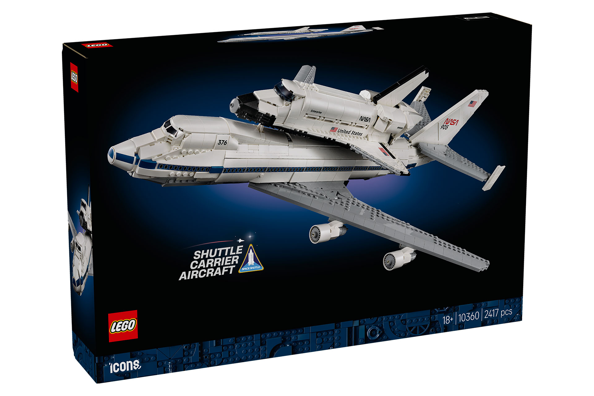 box art for a toy building kit that assembles to form a jumbo jet and a winged spacecraft
