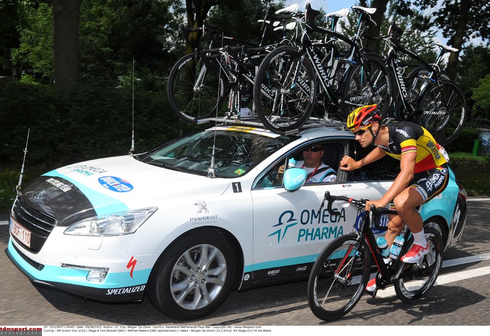 Boonen gets instructions from the team car at the Eneco Tour