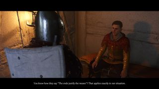 Kingdom Come: Deliverance 2 screenshot of Hans talking about how the ends justify the means