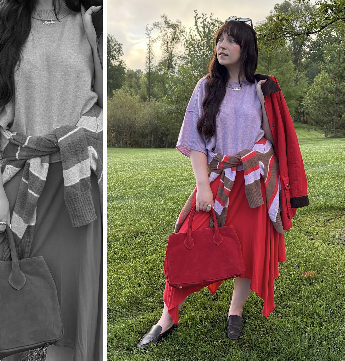 Meguire Hennes wearing the red-and-purple color combination trend for The A-List Edit
