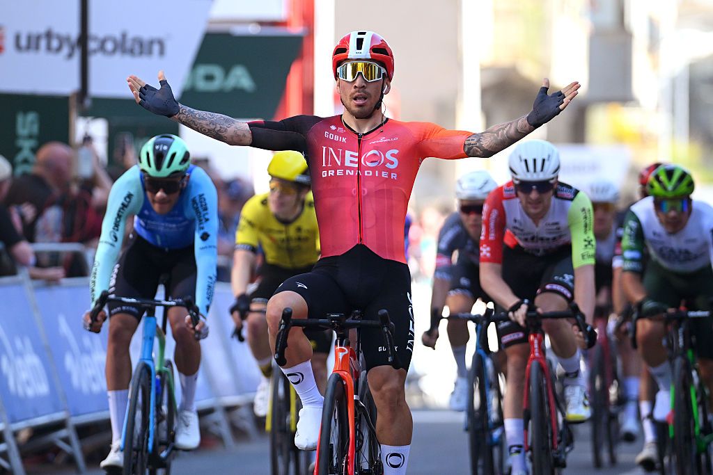 LODOSA SPAIN APRIL 08 Caleb Ewan of Australia and Team INEOS Grenadiers celebrates at finish line as stage winner during the 64th Itzulia Basque Country 2025 Stage 2 a 1866km stage from PamplonaIruna to Lodosa UCIWT on April 08 2025 in Lodosa Spain Photo by Tim de WaeleGetty Images