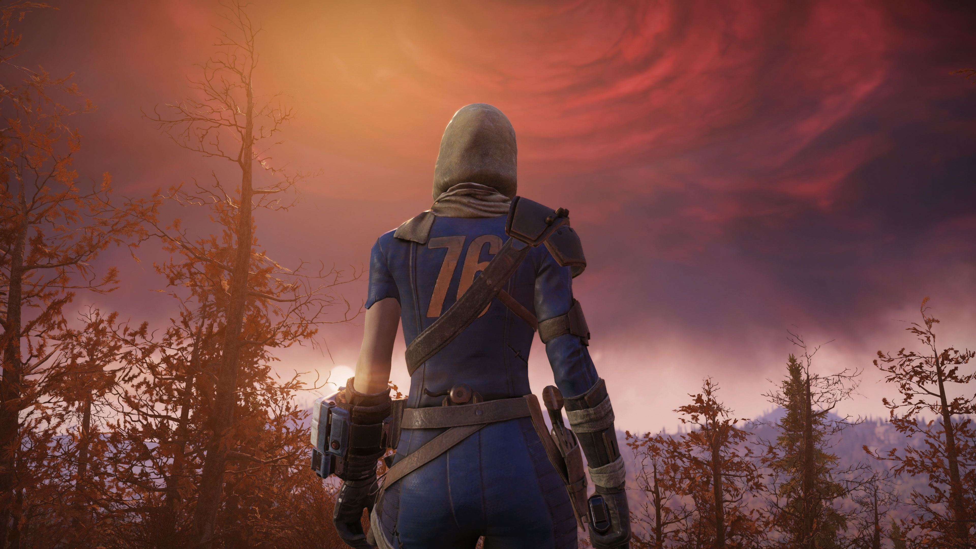 A screenshot showing a character looking at the sky in Fallout 76.