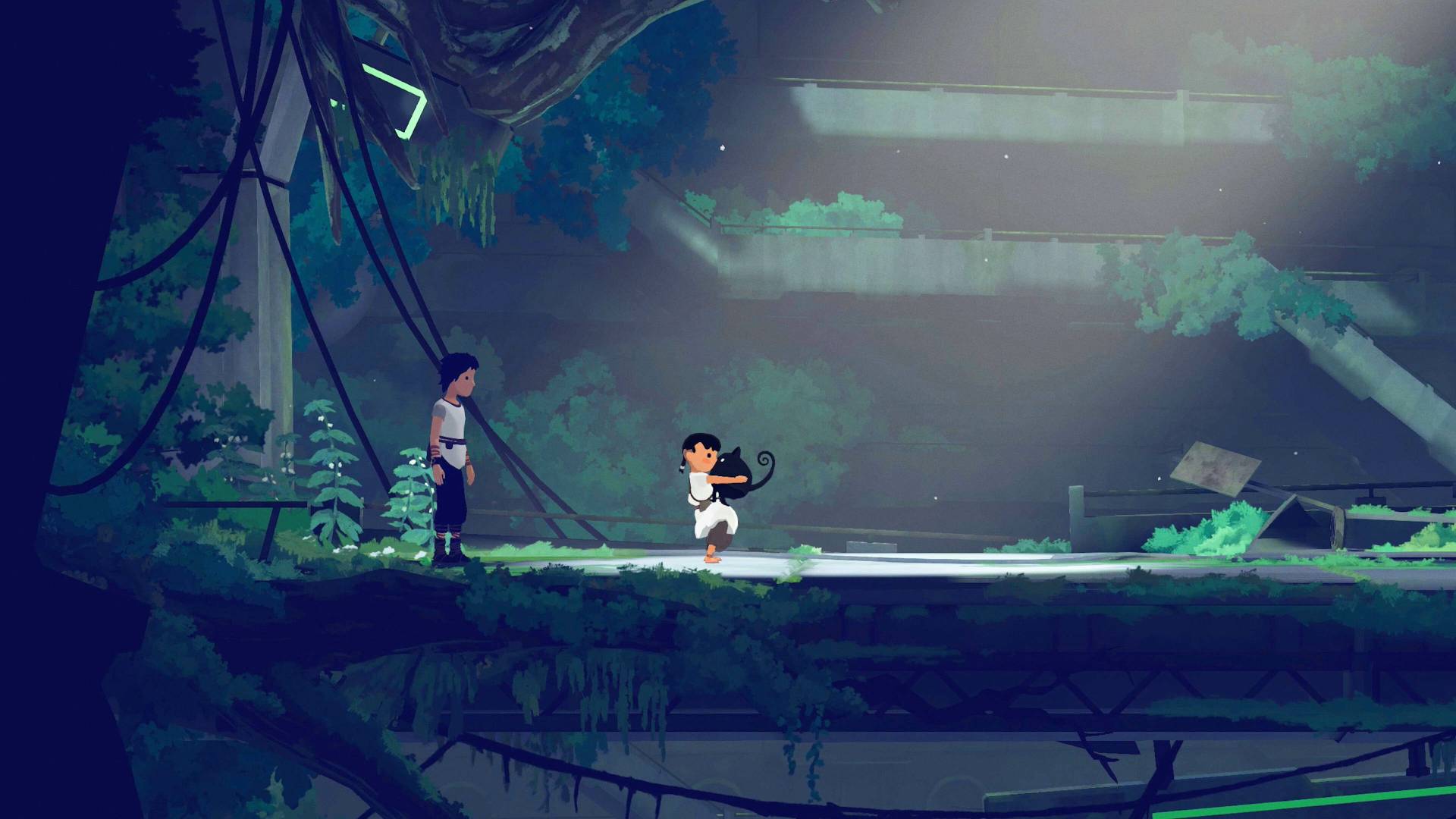 A screenshot from Planet of Lana 2 showing a child holding the cat-like creature Mui in their arms.