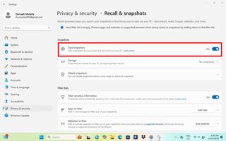Windows settings showing Recall feature settings