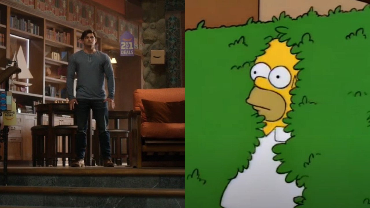 Von links nach rechts: Ein Screenshot von Luke mit großen Augen in Staffel 3 von Upload und ein Screenshot von Homer Simpson, der in einem Busch verschwindet.