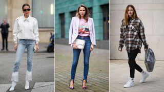 Three women wearing different skinny jeans to show the types of jeans for women that are available