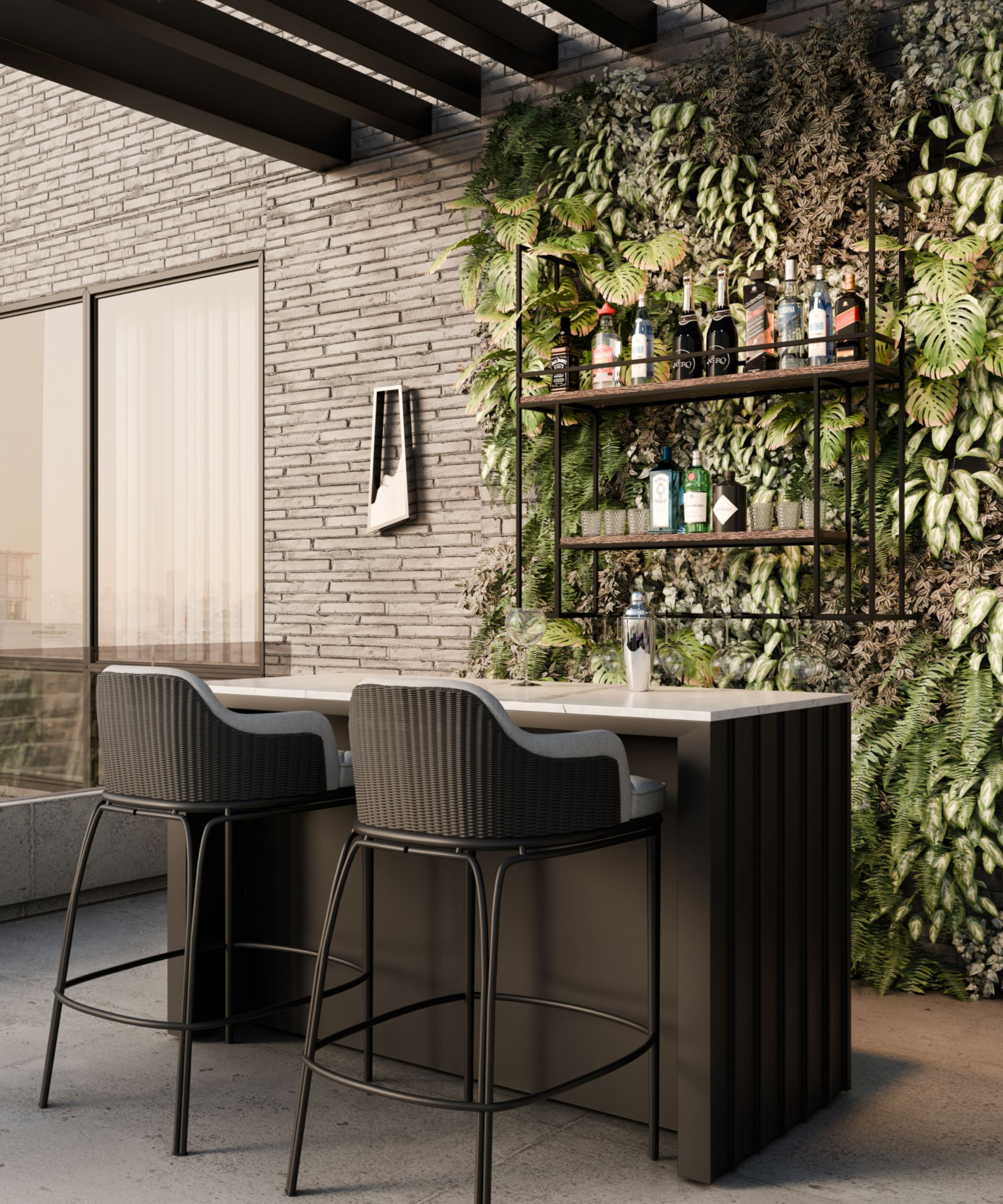 Outdoor bar with two stools, marble counter, and living plant wall stocked with bottles, city view behind.
