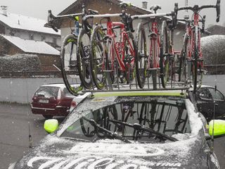 The Wilier team car covered in snow