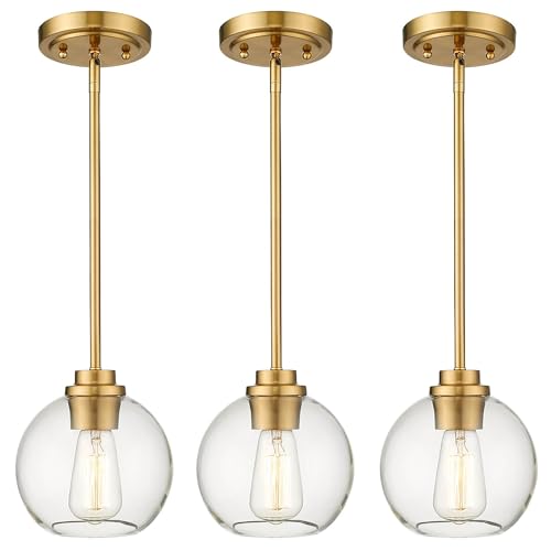 Audickic 3-Pack Pendant Lights Kitchen Island, Gold Hanging Lights Fixtures With Clear Glass Globe Shade, Brass Kitchen Island Lighting for Dining Room, Ad-22280-1p3-Gd