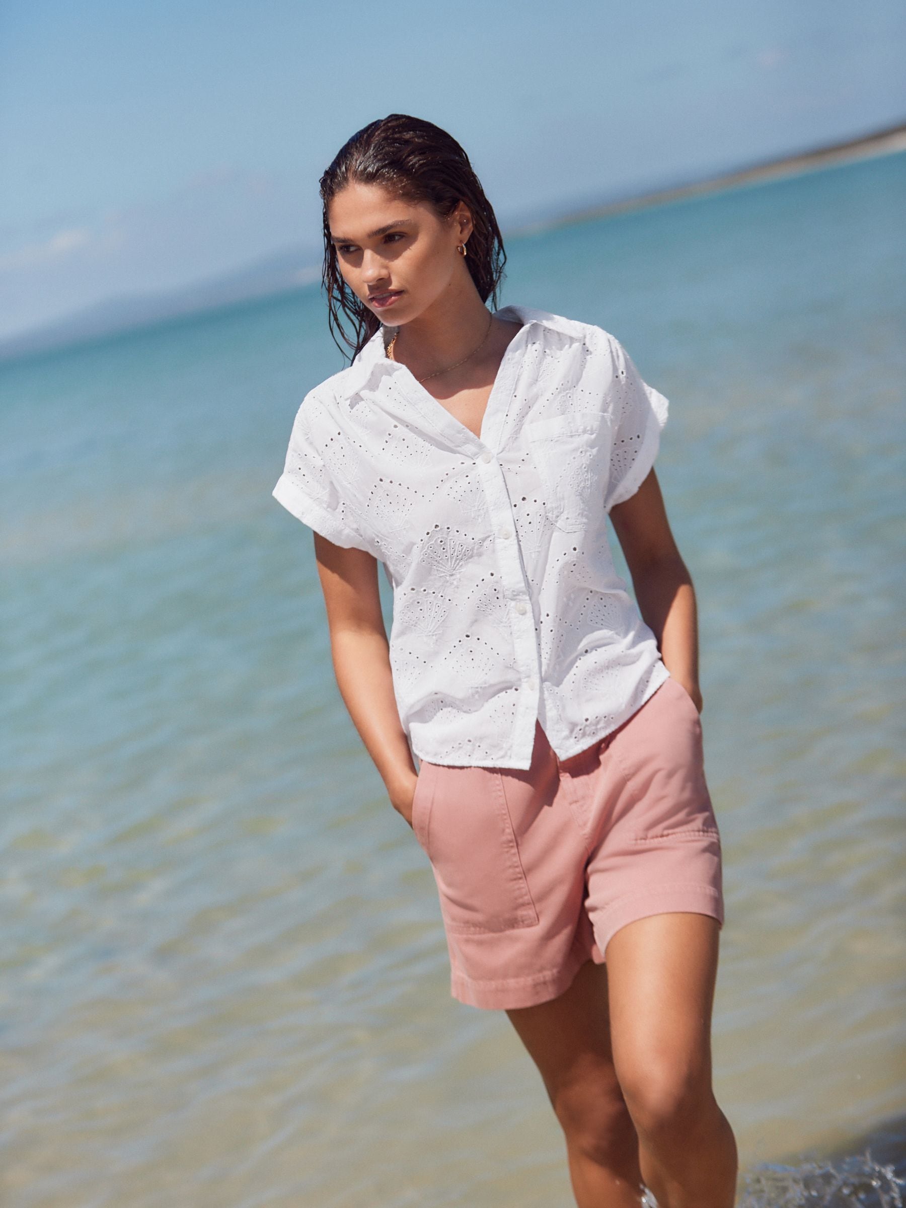White Short Sleeve Broderie Shell Shirt