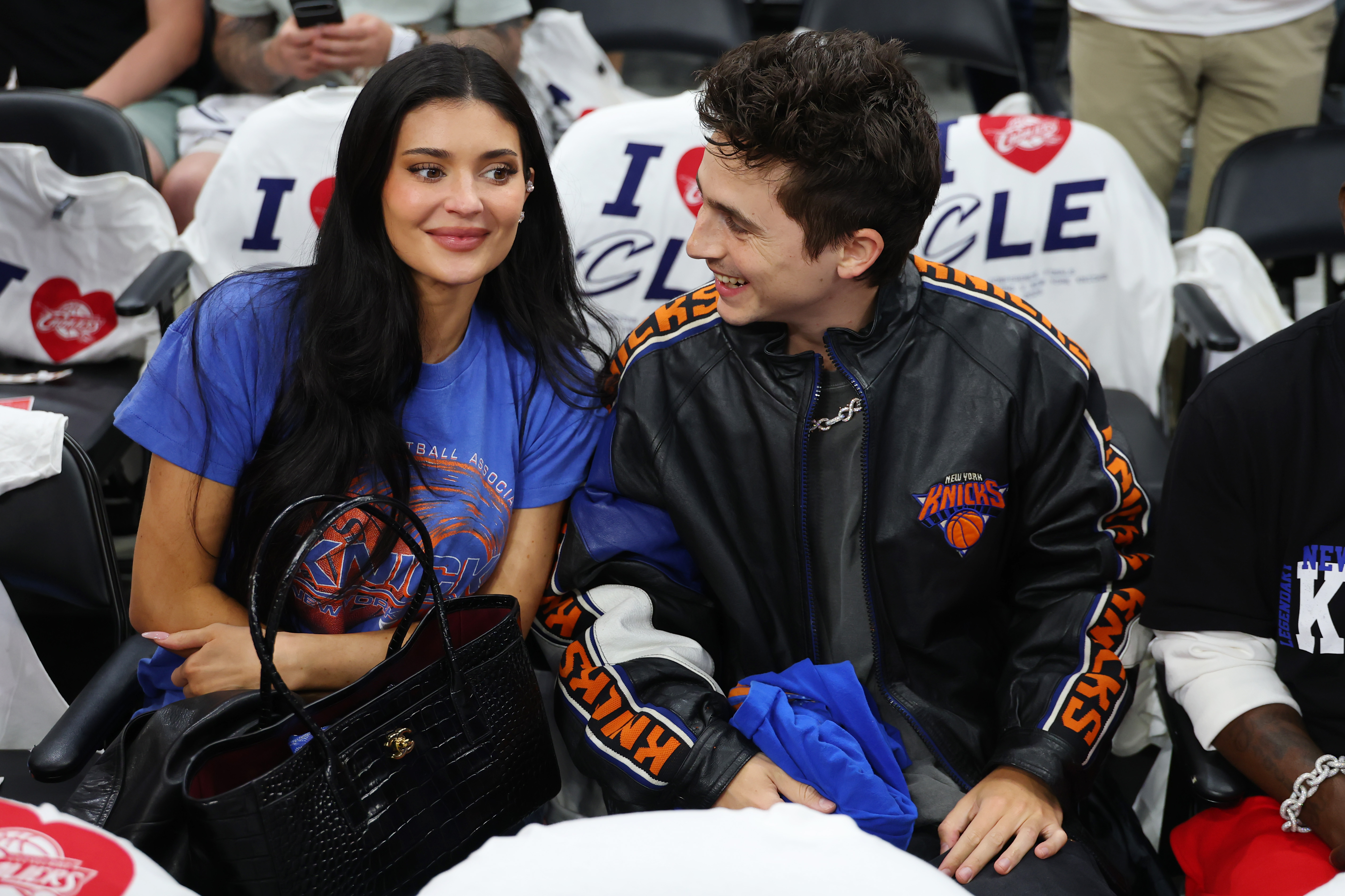 Kylie Jenner and actor Timoth&amp;eacute;e Chalamet attend Game Four of the NBA Eastern Conference Finals between the Cleveland Cavaliers and the New York Knicks at Rocket Arena on May 25, 2026 in Cleveland, Ohio.