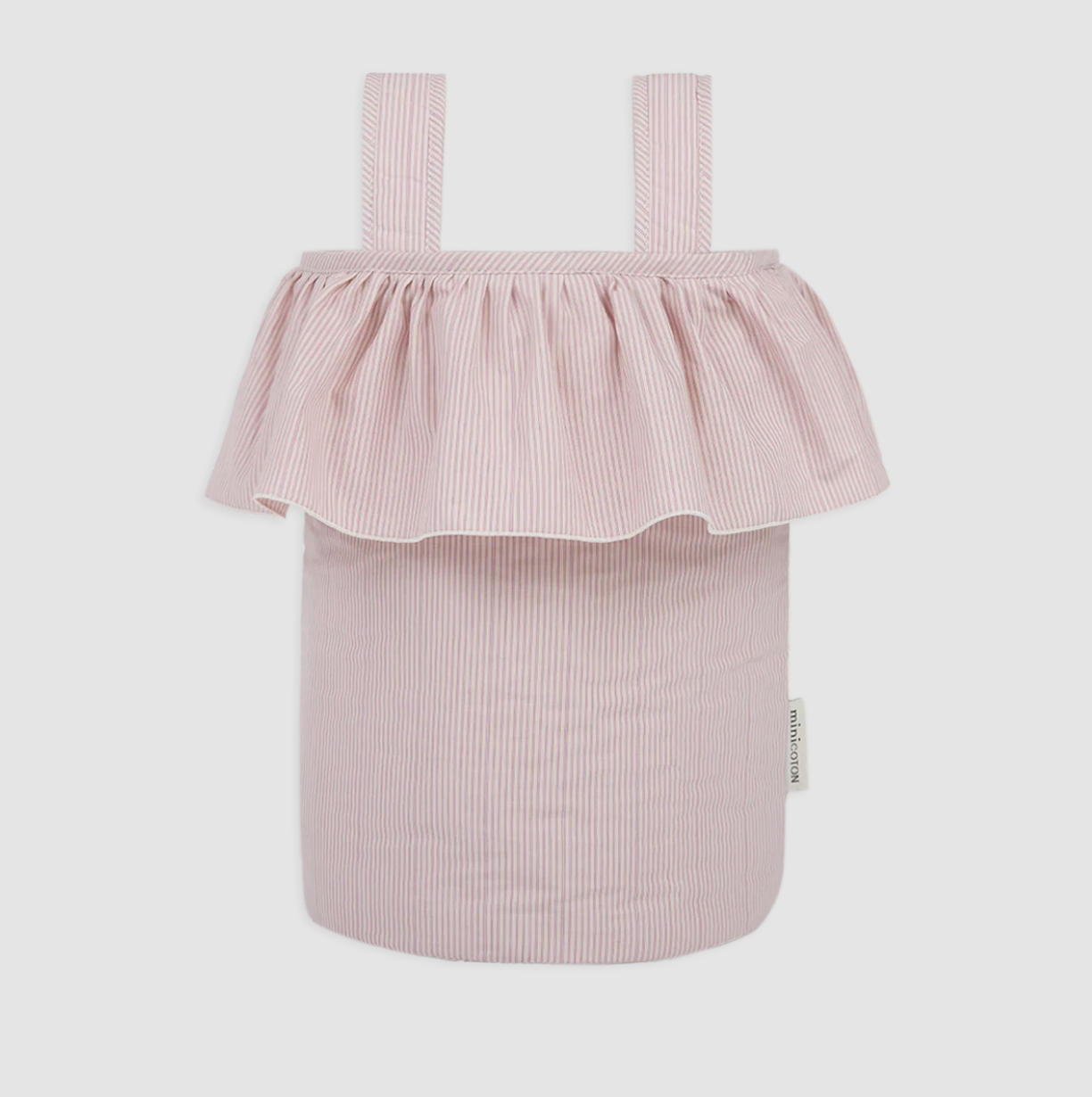 a striped MiniCoton stroller bag in front of a plain backdrop