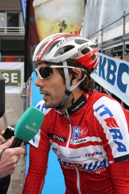 Oscar Freire (Katusha) shares his thoughts before the start of Gent-Wevelgem.