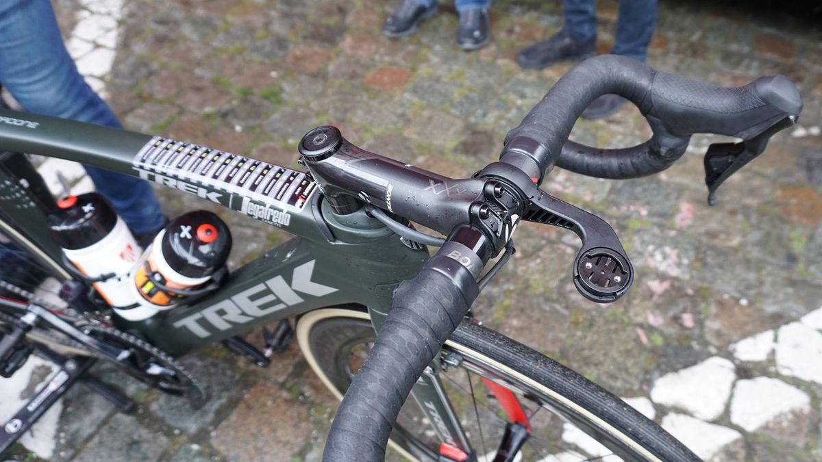 John Degenkolb takes advantage of the new Bontrager handlebars as opposed to the integrated aero cockpit that usually features on the Madone framesets