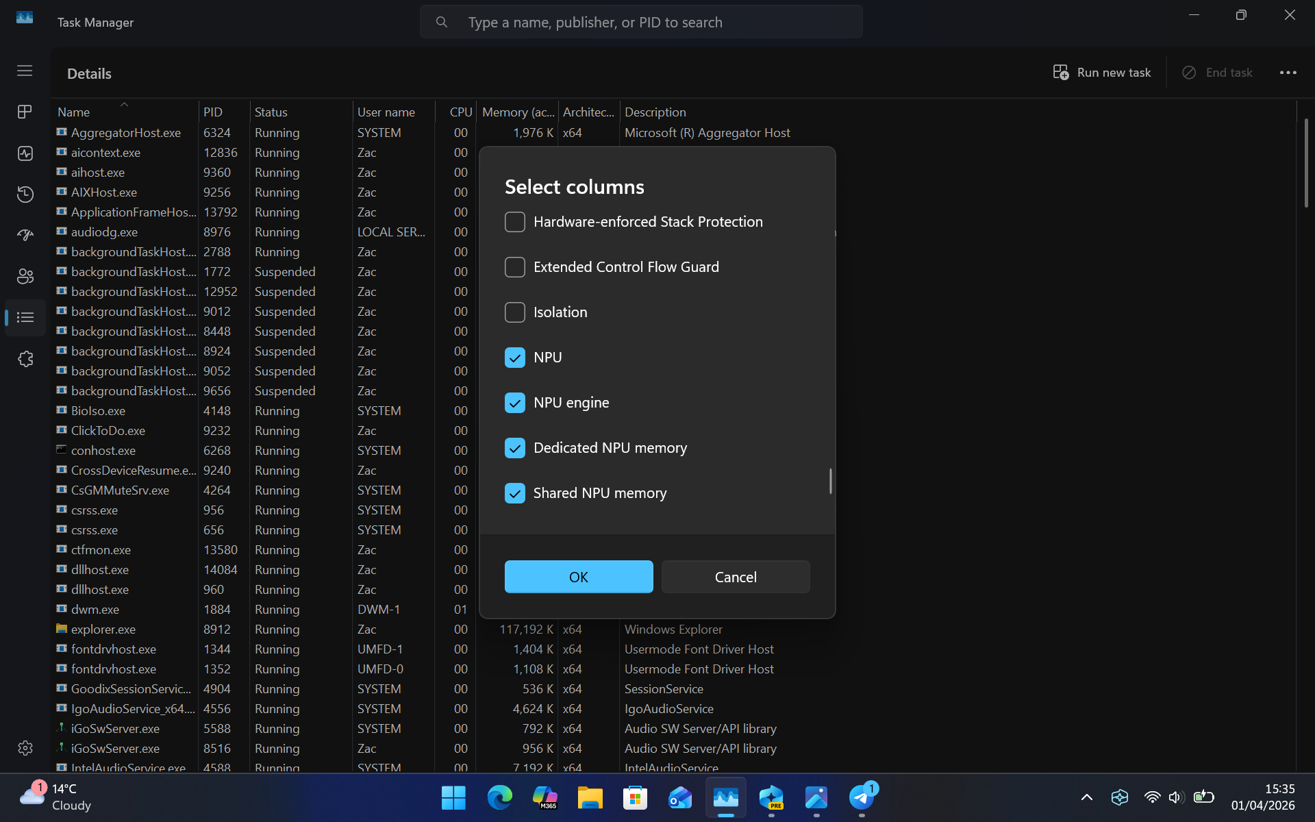 Windows 11 Task Manager new NPU options