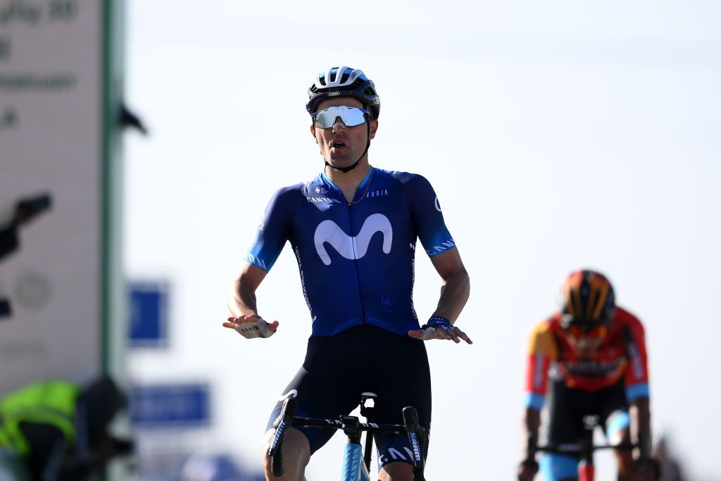 SKYVIEWS OF HARRAT UWAYRID SAUDI ARABIA FEBRUARY 02 Ruben Almeida Guerreiro of Portugal and Movistar Team celebrates at finish line as stage winner during the 3rd Saudi Tour 2023 Stage 4 a 1633km stage from Maraya to Skyviews of Harrat Uwayrid 1159m SaudiTour on February 02 2023 in Skyviews of Harrat Uwayrid Saudi Arabia Photo by Alex BroadwayGetty Images