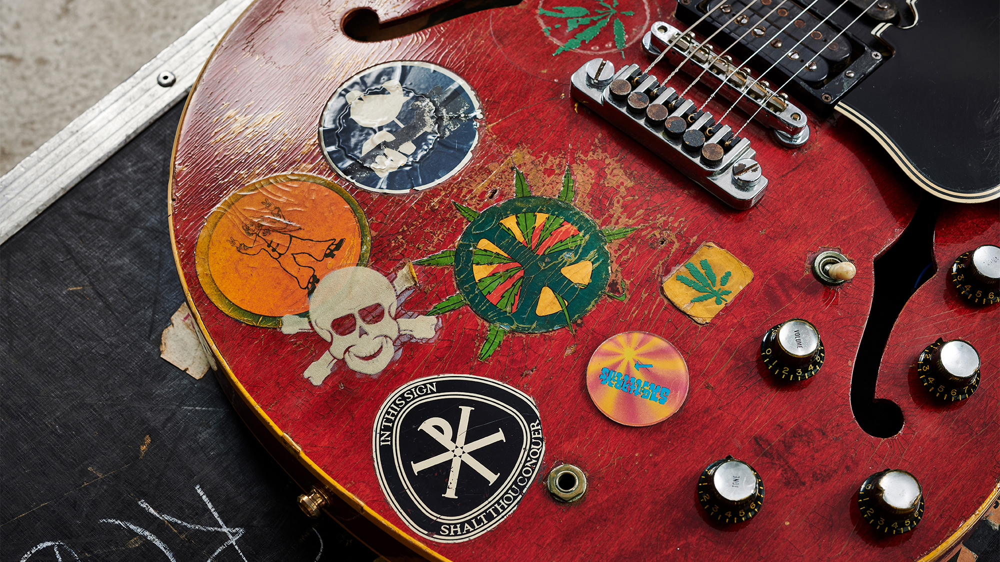 Detail of a vintage 1958 Gibson ES-335 electric guitar nicknamed &amp;Ocirc;Big Red&amp;Otilde;, previously owned by English musician and Ten Years After guitarist Alvin Lee, taken on May 21, 2019.