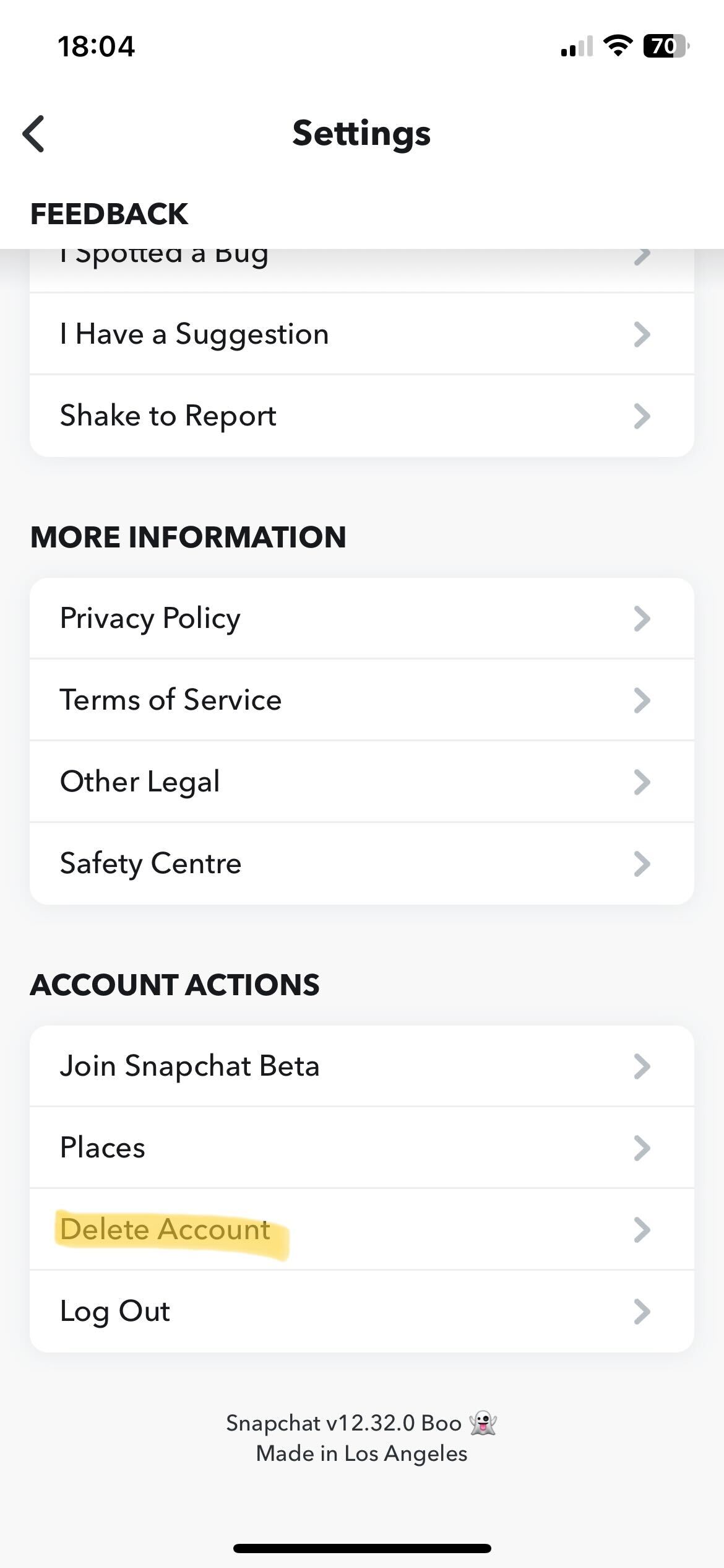 Snapchat settings page on iOS app