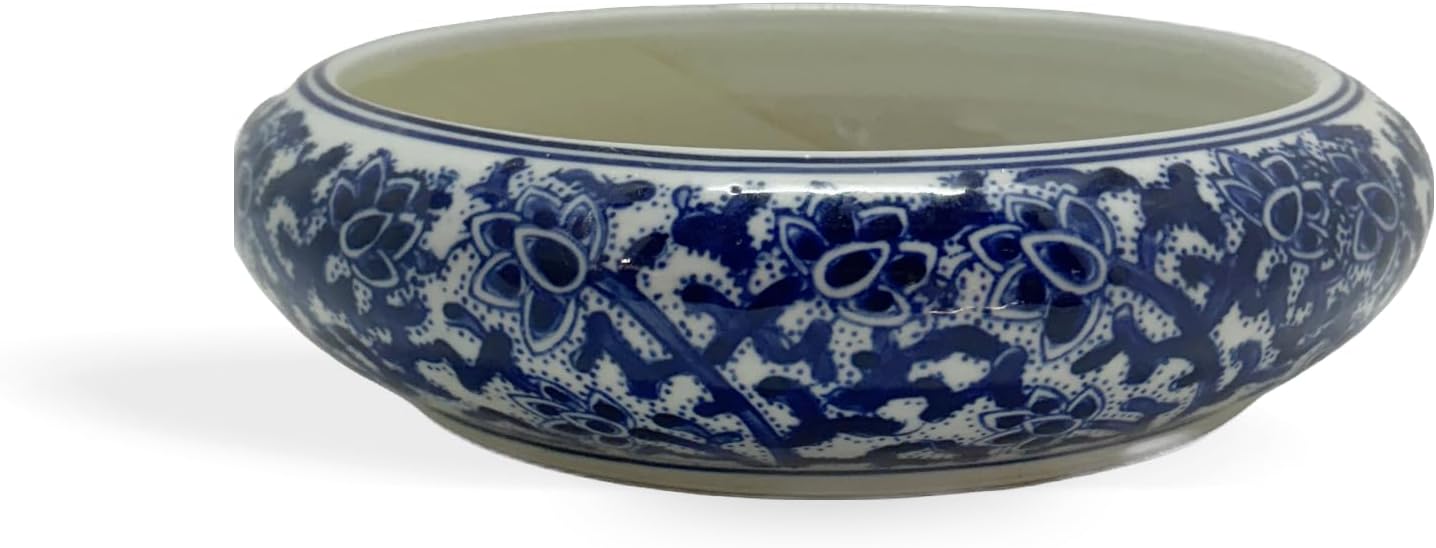 New 10&quot; Oriental Ornate Cobalt Blue and White Lotus Flowers &amp;amp; Vines Round Bamboo Planter Pot Succulent, Cactus, Bonsai Plant Holder