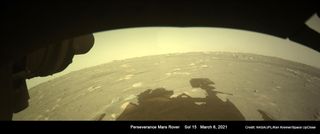 This mosaic was created using two color raw images taken by the Perseverance Mars rover’s front left hazcam on March 6, 2021, after a short drive from the “Octavia E. Butler Landing” touchdown site.