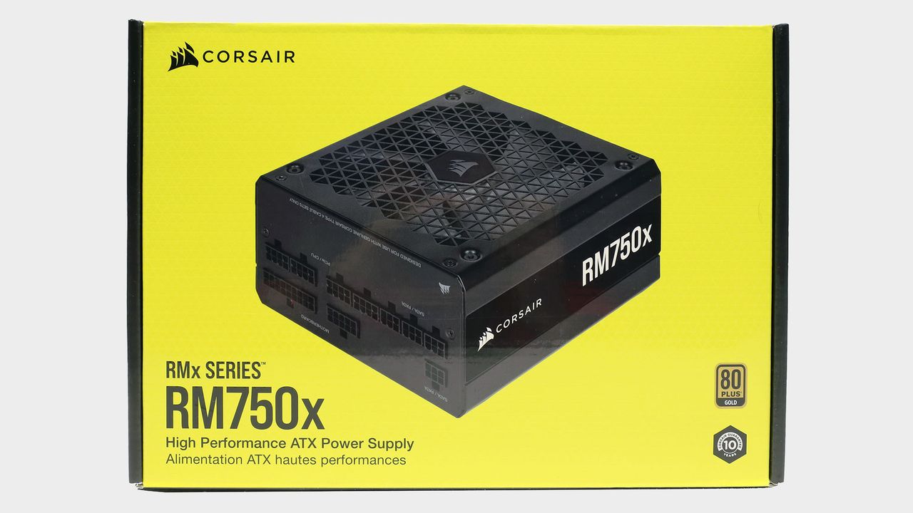 Corsair RM750x power supply pictured with and without box.