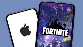 The Fortnite and Apple logos on phone screens