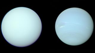 An image of Uranus on the left and Neptune on the right. They look almost indiscernible as they're both light blues.