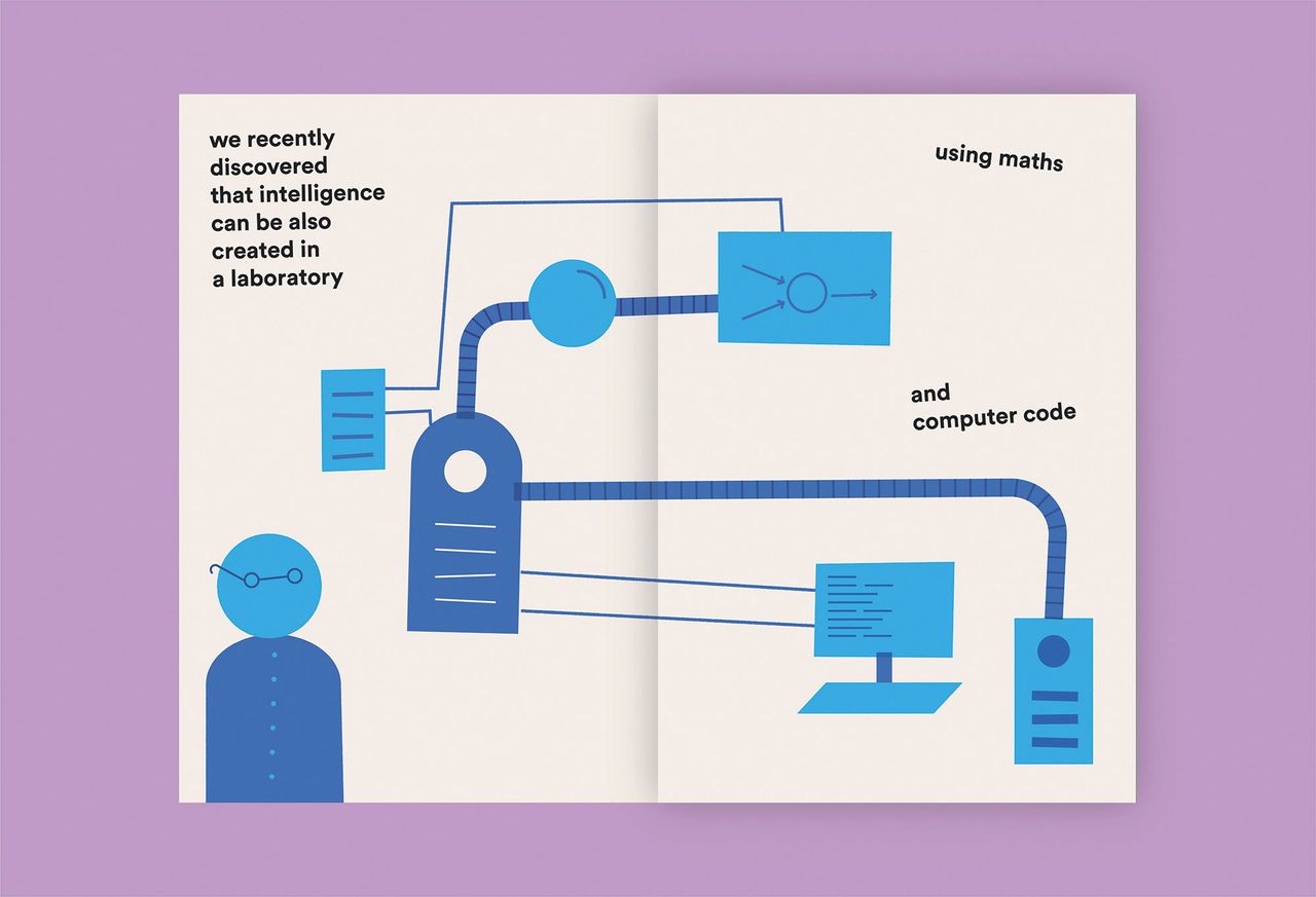 A spread from the book ‘Many Intelligences’, showing a simplified machine and the words: &quot;we recently discovered that intelligence can be also created in a laboratory, using maths and computer codes&quot;