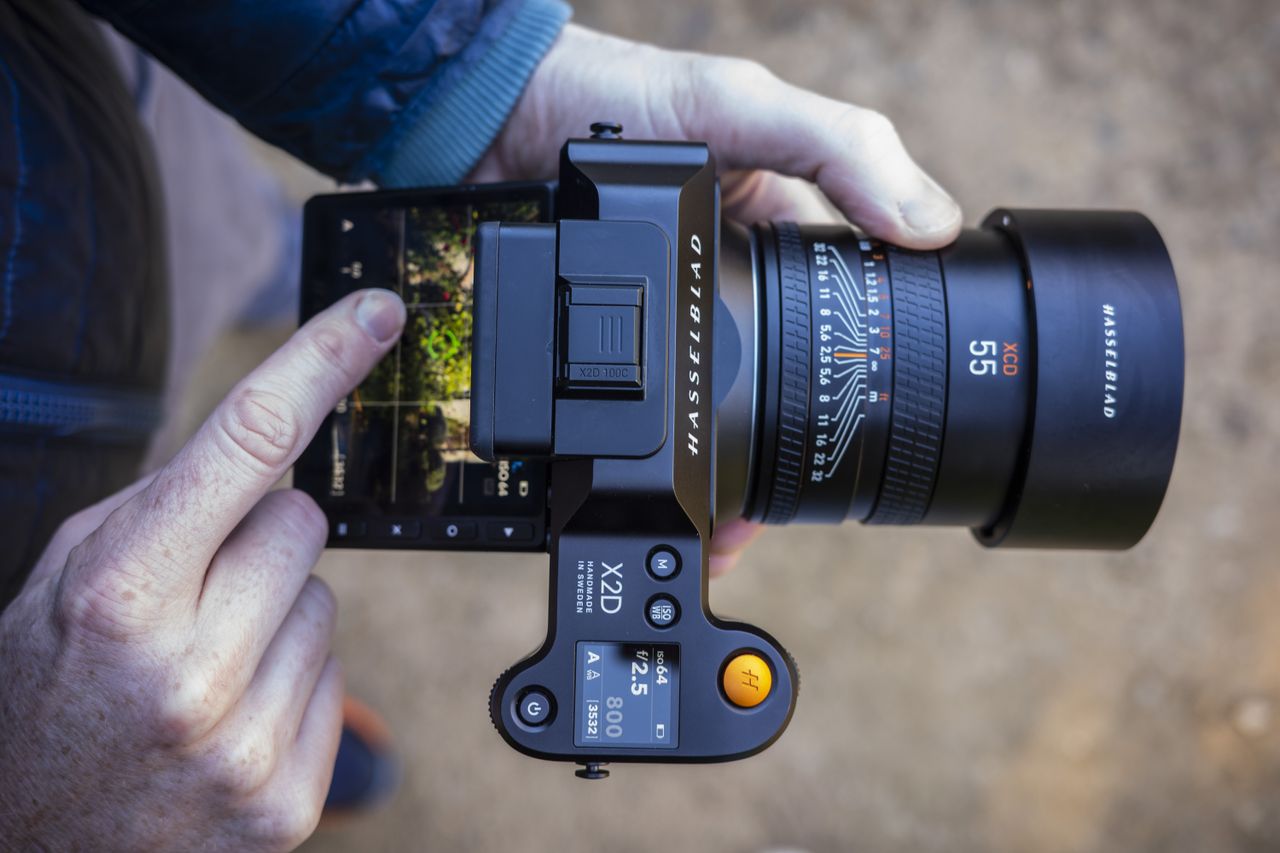 A Hasselblad camera sitting on a garden table