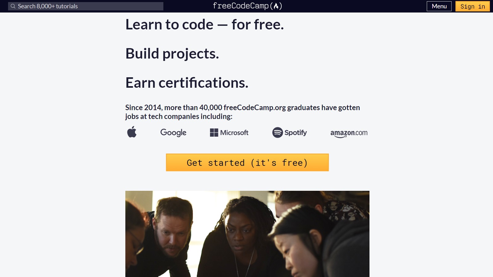 freeCodeCamp homepage screenshot