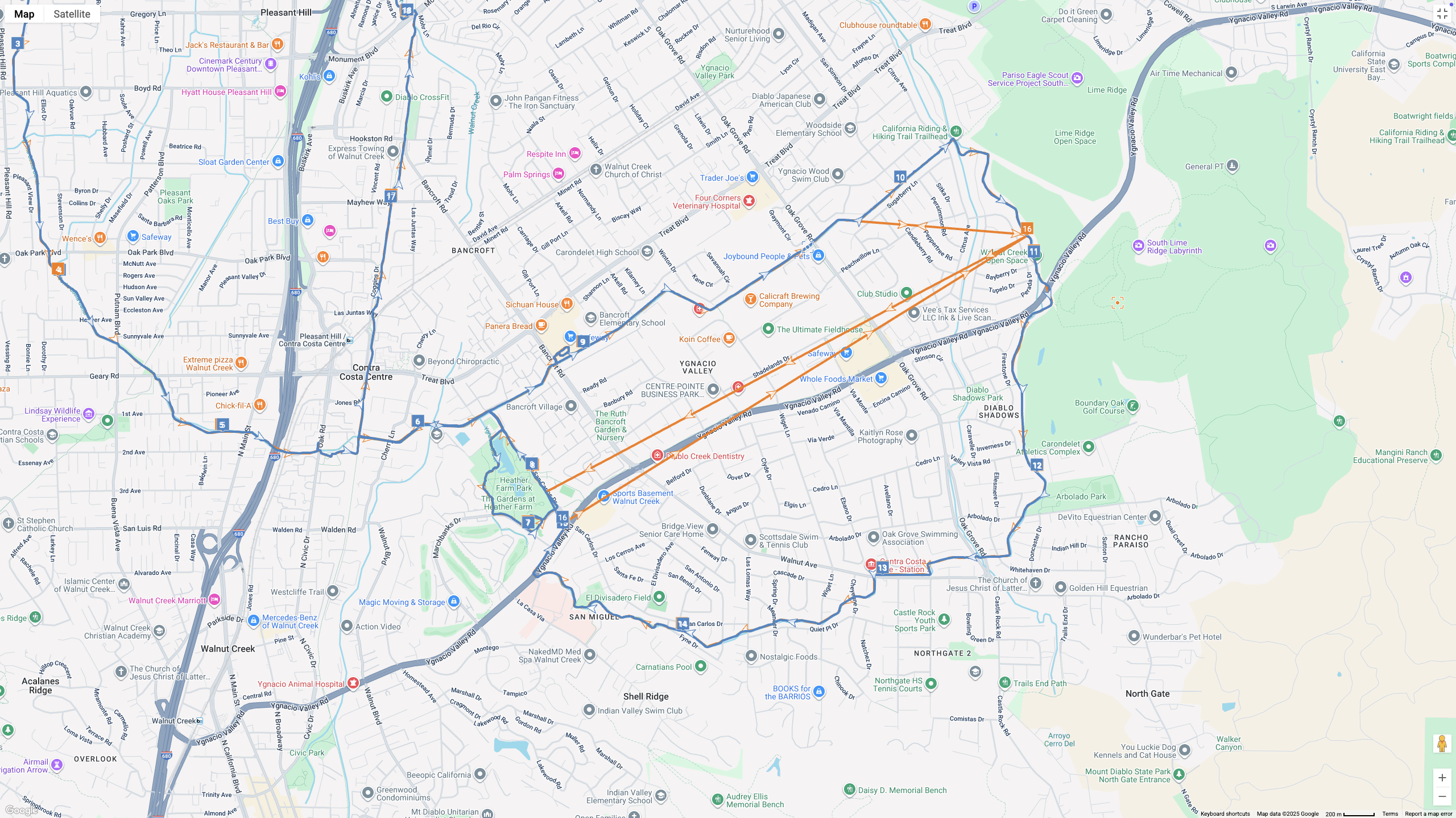 A Google Maps map view showing GPS location data for a workout, with the COROS APEX 4 (orange line) and Garmin Forerunner 970 (blue line) showing how their dual-band GPS tracking compares.