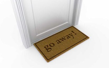 3d rendering of a door with a "go away" doormat