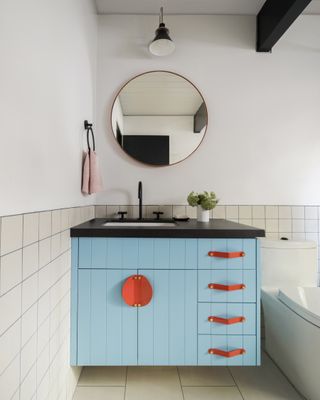Blue and red bathroom cabinet
