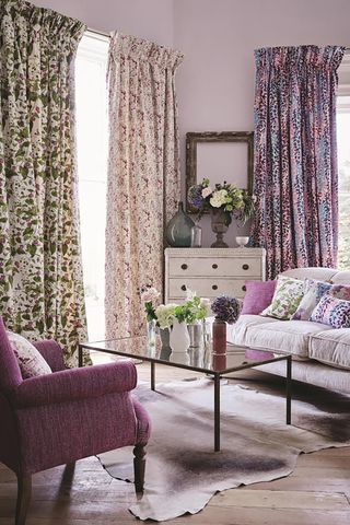 Blendworth living room with purple fabrics from the Mystical collection