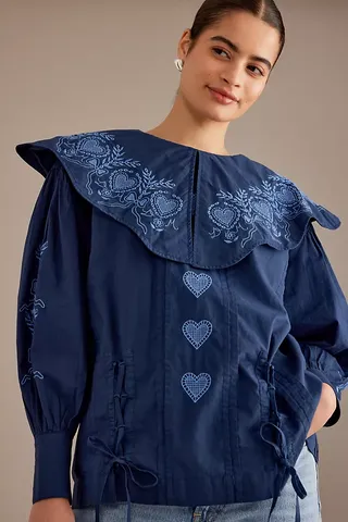 Round neck cotton shirt embroidered with Damson Madder Juliette pattern