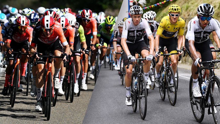 Collage of Ineos Grenadiers in 2025 on left, and Team Sky in 2018 on right