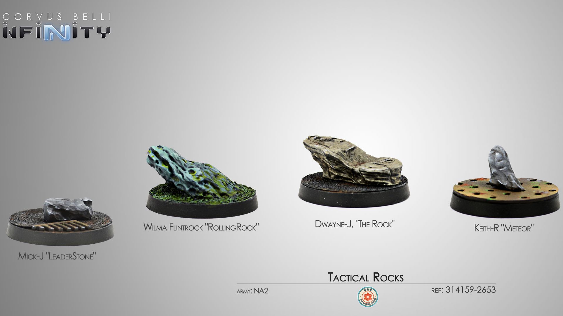 Corvus Belli's range of tactical rocks for their Infinity line with names like Mick-J and Dwayne-J
