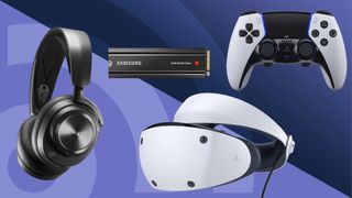 Black Friday PS5 deals artwork showing an SSD, PS VR2 headset, DualSense Edge, and Arctis Nova Pro