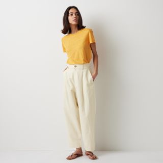 Linen Blend Pleated Tapered Trousers