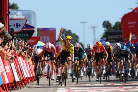 PALOS DE LA FRONTERA, SPAIN - SEPTEMBER 08: Matthew Brennan of Great Britain and Team Visma | Lease a Bike celebrates at finish line as stage winner during the La Vuelta - 81st Tour of Spain 2026, Stage 16 a 181.1km stage from Cortegana to Monasterio de La Rabida - Palos de la Frontera / #UCIWT / on September 08, 2026 in Palos de la Frontera, Spain. (Photo by Alexander Hassenstein/Getty Images)