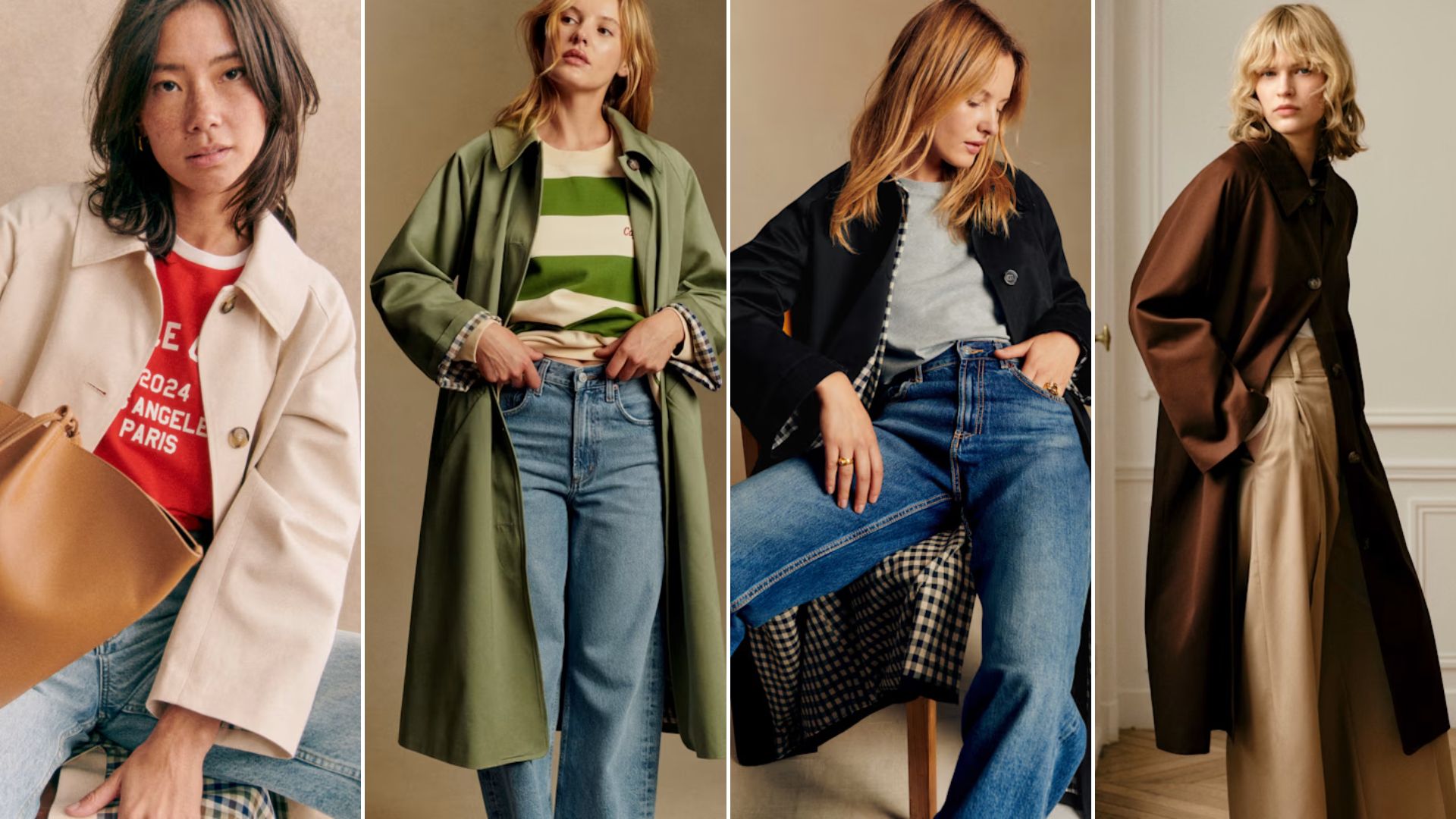 Four models wearing the Sezane Clyde trench coat 