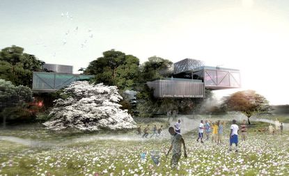 A render of the proposed Pharrell Williams Youth Center - a tree house surrounded by grass, white flowers and trees during the day. There are multiple young people outside