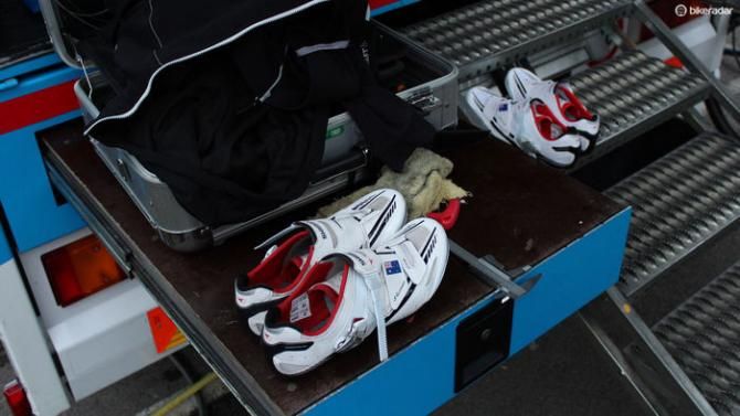 hen new pairs of shoes are mounted up with cleats, with the bolts not quite tight