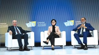 Garry Jacobs, president and CEO World Academy of Art and Sciences, Megan Lee, chairwoman and CEO of Panasonic, and Amandeep Singh Gill, under-secretary-general, United Nations at CES 2024.