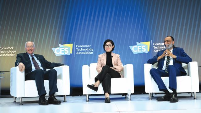 Garry Jacobs, president and CEO World Academy of Art and Sciences, Megan Lee, chairwoman and CEO of Panasonic, and Amandeep Singh Gill, under-secretary-general, United Nations at CES 2024.