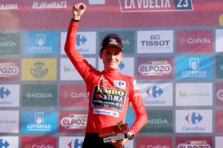 LACRUZDELINARES SPAIN SEPTEMBER 14 Sepp Kuss of The United States and Team JumboVisma celebrates at podium as Red Leader Jersey winner during the 78th Tour of Spain 2023 Stage 18 a 1789km stage from Pola de Allande to La Cruz de Linares 840m UCIWT on September 14 2023 in La Cruz de Linares Spain Photo by Alexander HassensteinGetty Images