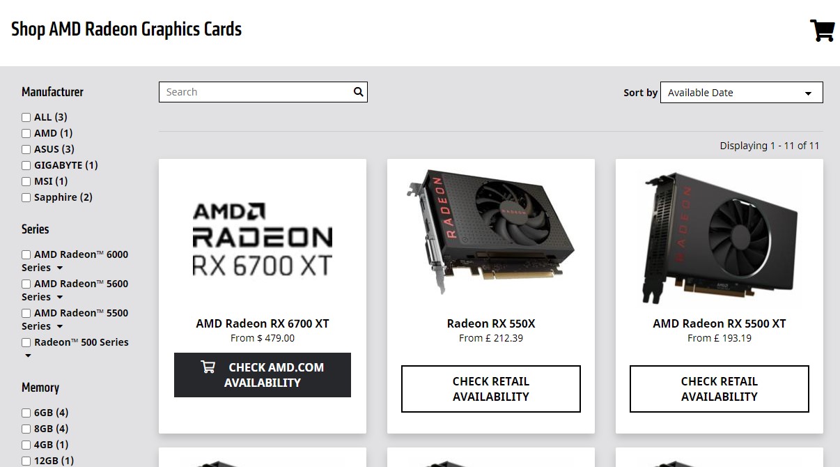 AMD store listing for RX 6700 XT