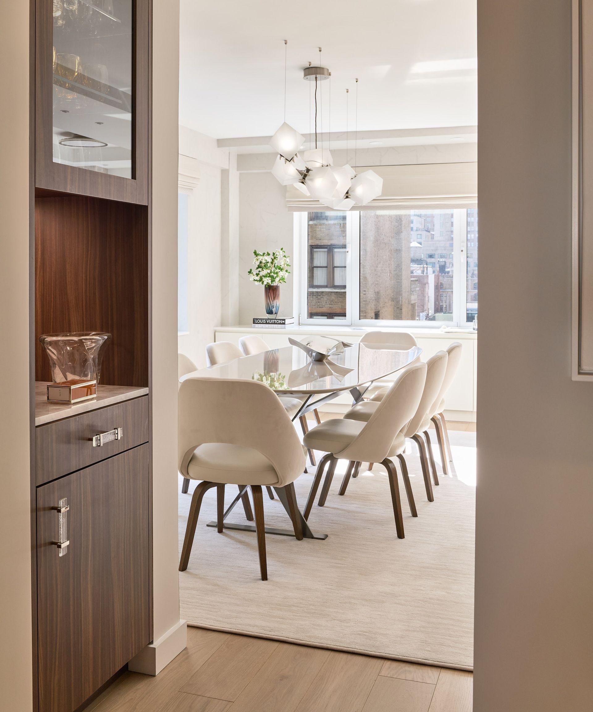 Walnut cabinets with view through to dining area